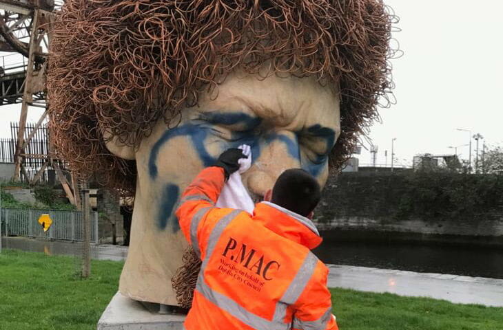 Luke Kelly Statue being cleaned by PMAC