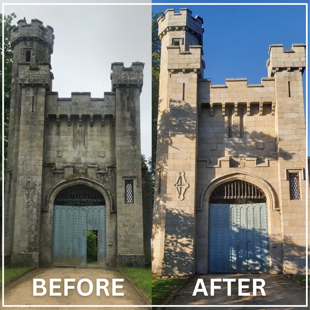 Before and after of the cleaning of Boriss house gatehouse