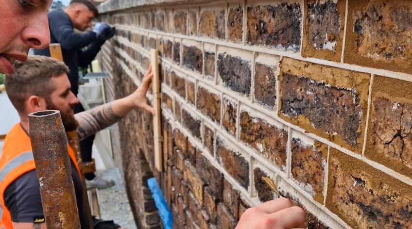 Three PMAC operatives working on the facade of Dublin brickwork using Lime Pointing