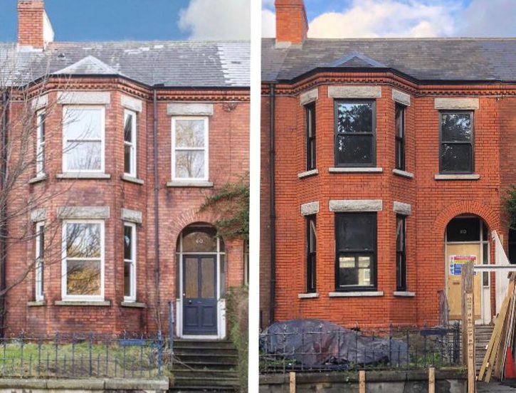 A before and after photo of a house in Drumcondra with black wigging by PMAC