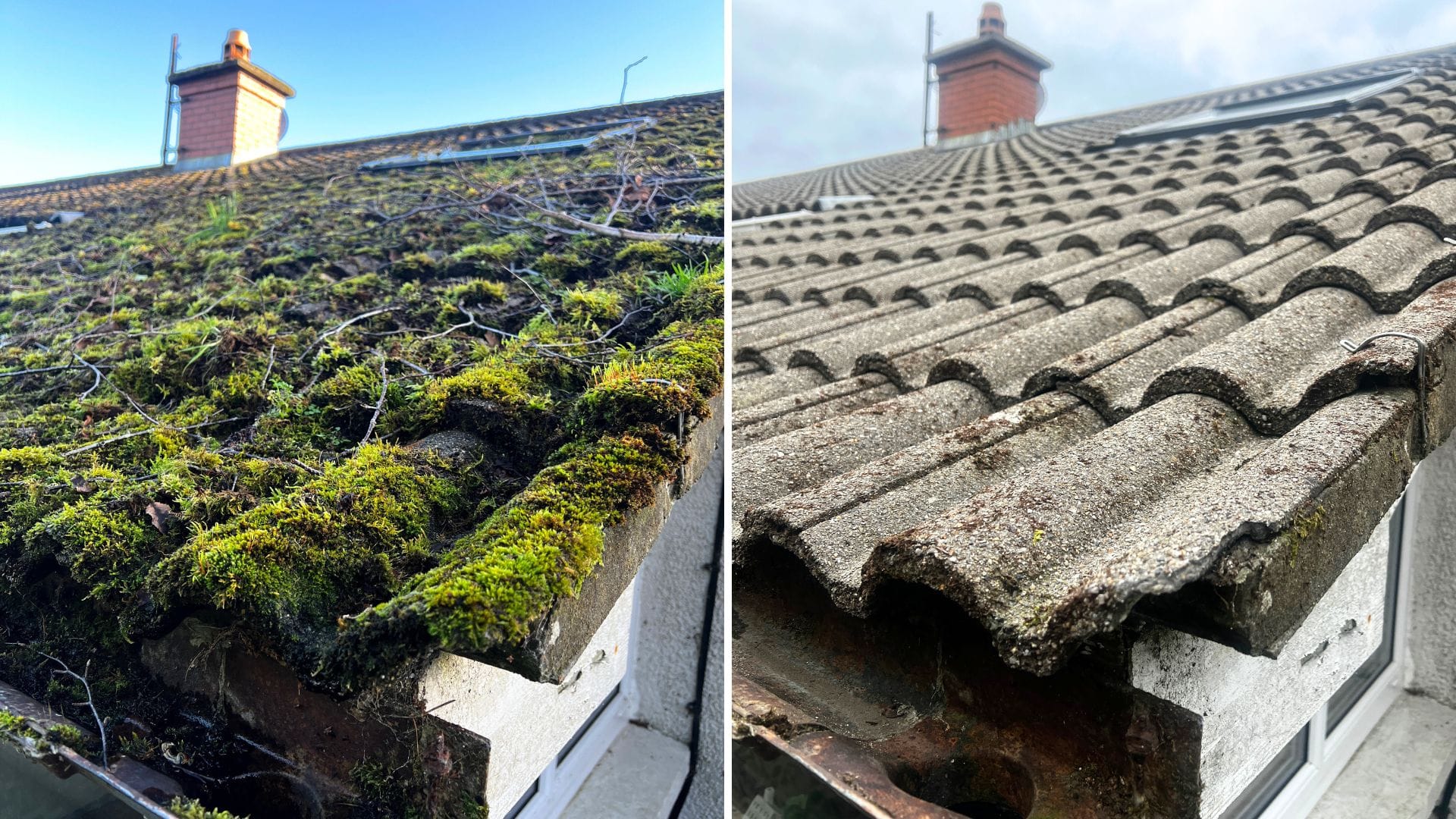 Before and After images of roof cleaning by PMAC