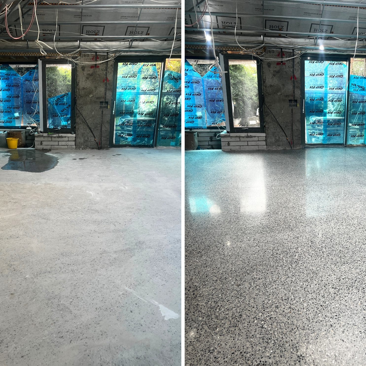 Before and After platinum finish polished concrete floor by PMAC